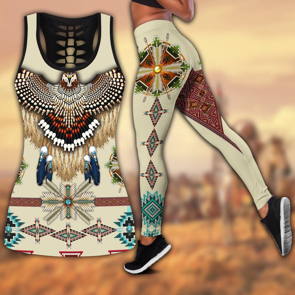 Native American Leggings, Beadwork Native American Hollow Tanktop Leggings Set, Native American Tank Tops