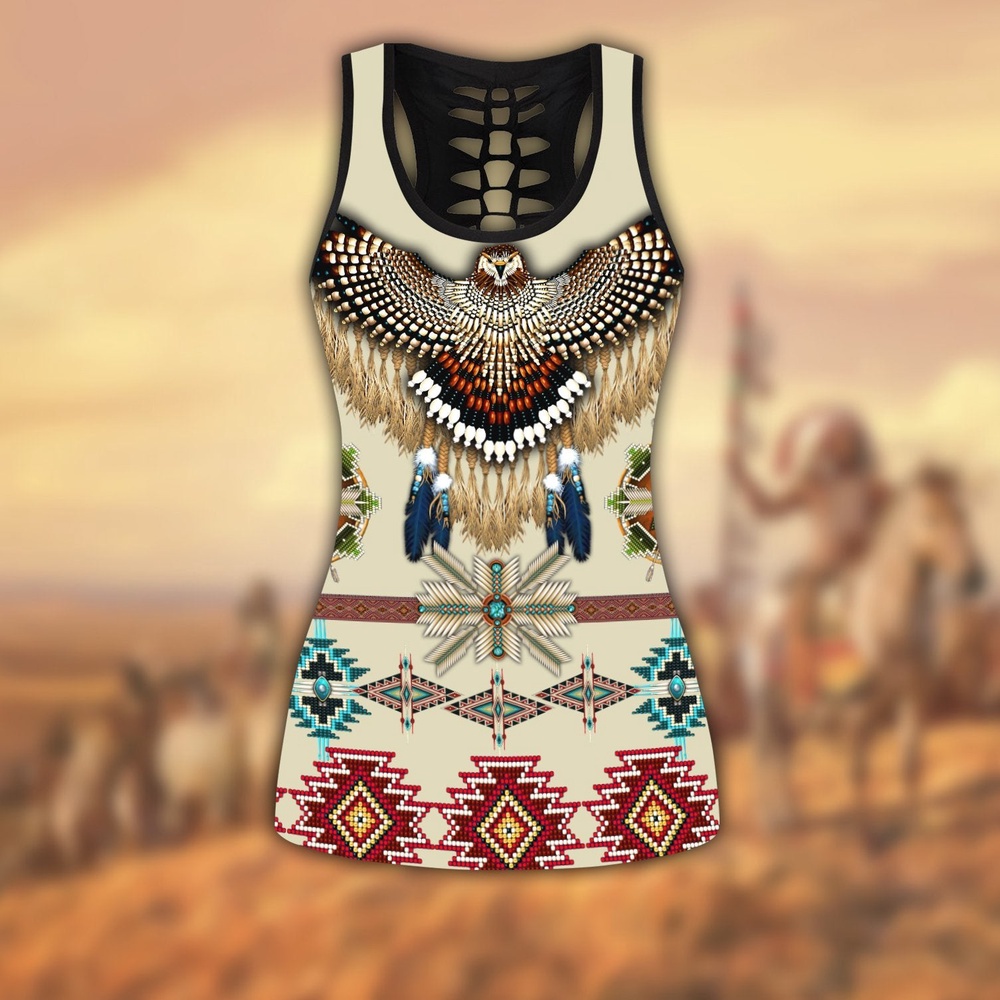 Native American Leggings, Beadwork Native American Hollow Tanktop Leggings Set, Native American Tank Tops