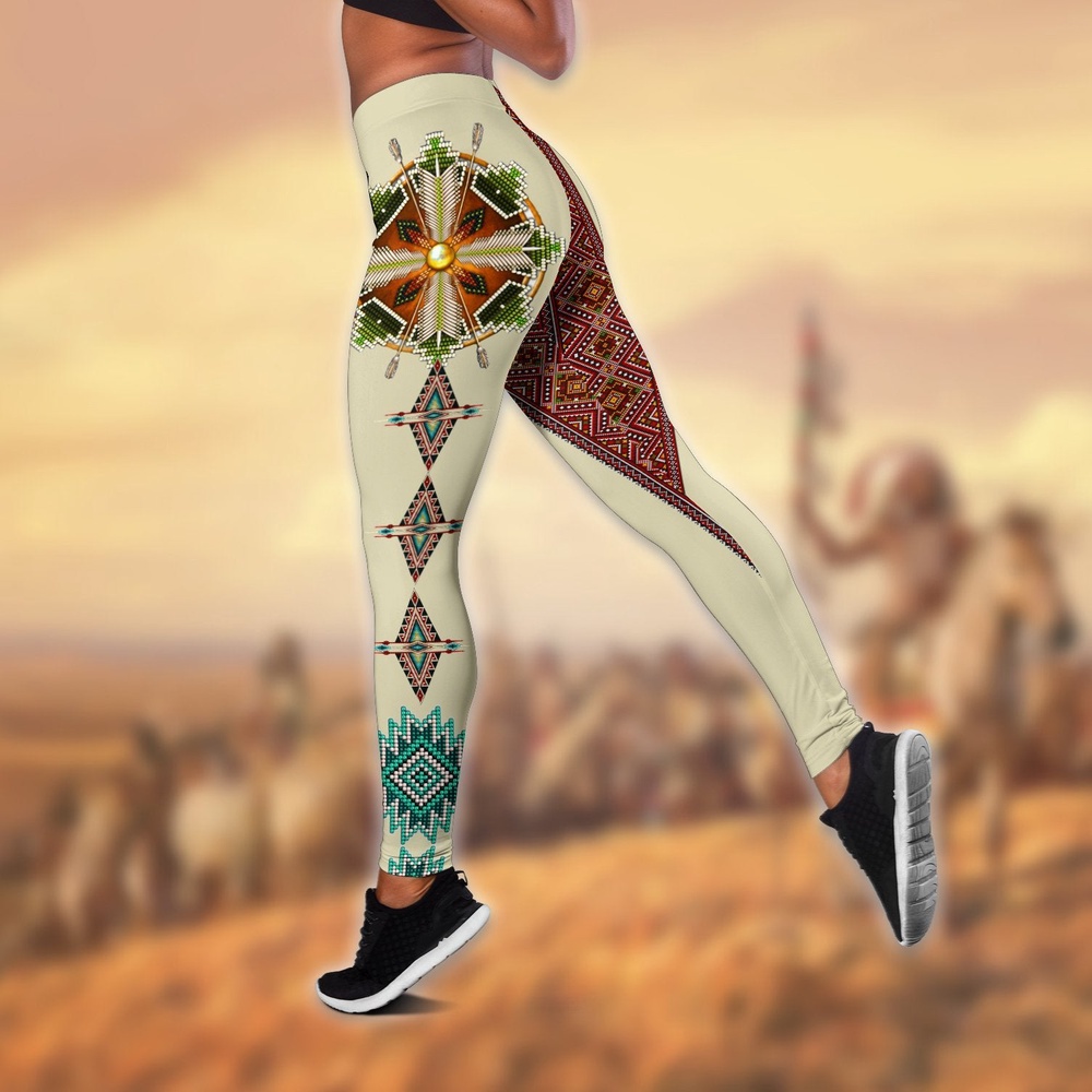Native American Leggings, Beadwork Native American Hollow Tanktop Leggings Set, Native American Tank Tops