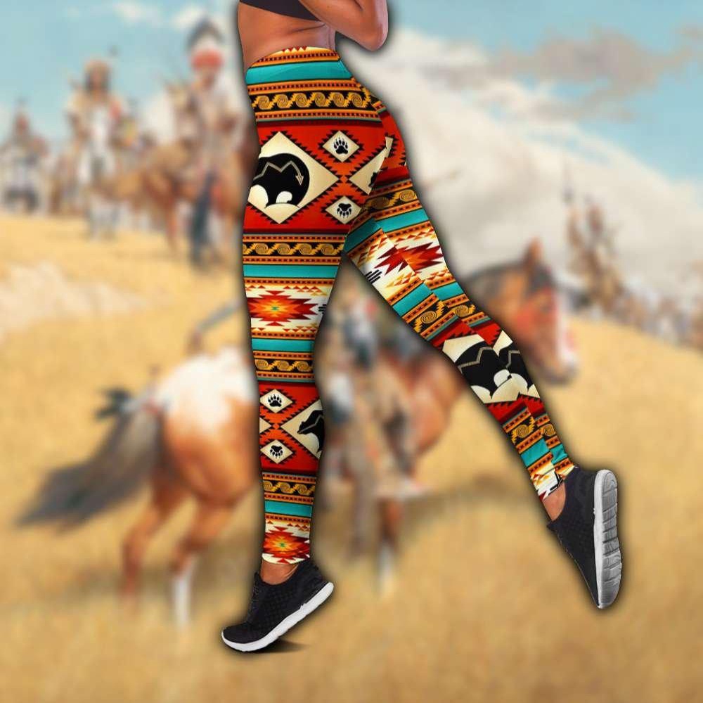 Native American Leggings, Bear Brocade Native American All Over Printed Legging Hollow Tank Top, Native American Tank Tops
