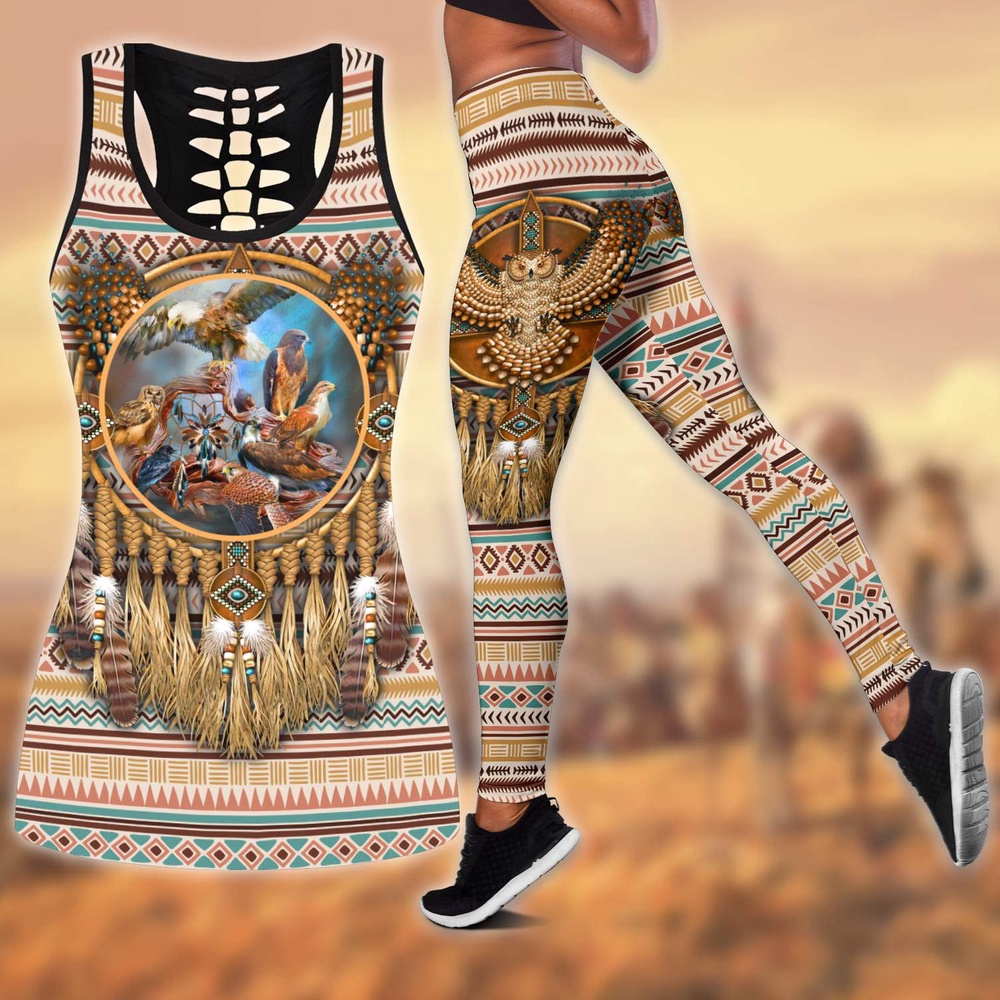 Native American Leggings, Bird Dreamcatcher Native American Hollow Tanktop Leggings Set, Native American Tank Tops