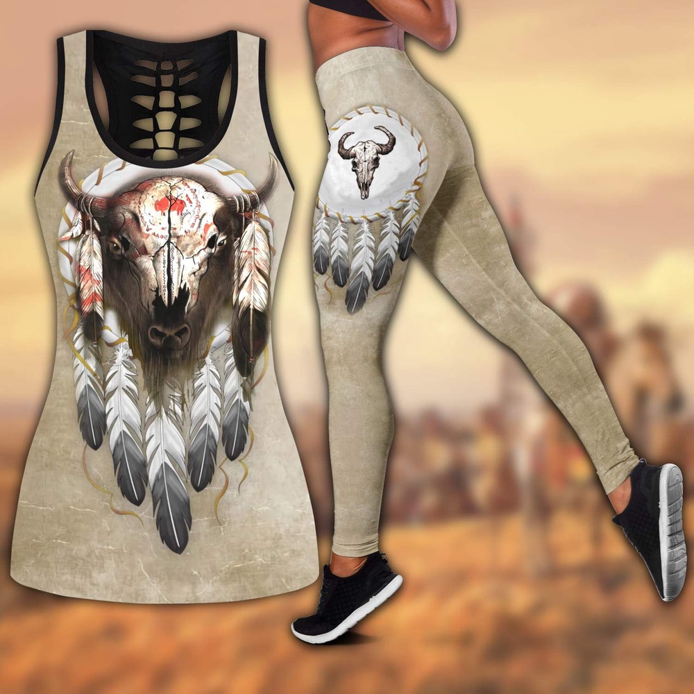 Native American Leggings, Bison Native American Hollow Tanktop Leggings Set, Native American Tank Tops