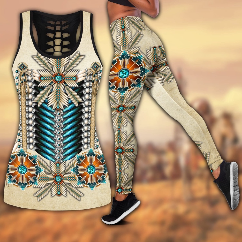 Native American Leggings, Bohemia Native American Hollow Tanktop Leggings Set, Native American Tank Tops