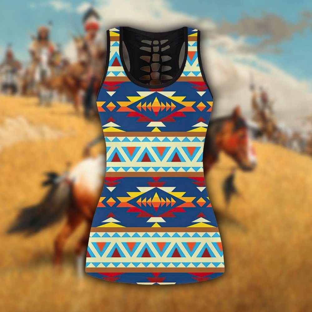 Native American Leggings, Brocade Motifs Native American Hollow Tanktop Leggings Set, Native American Tank Tops