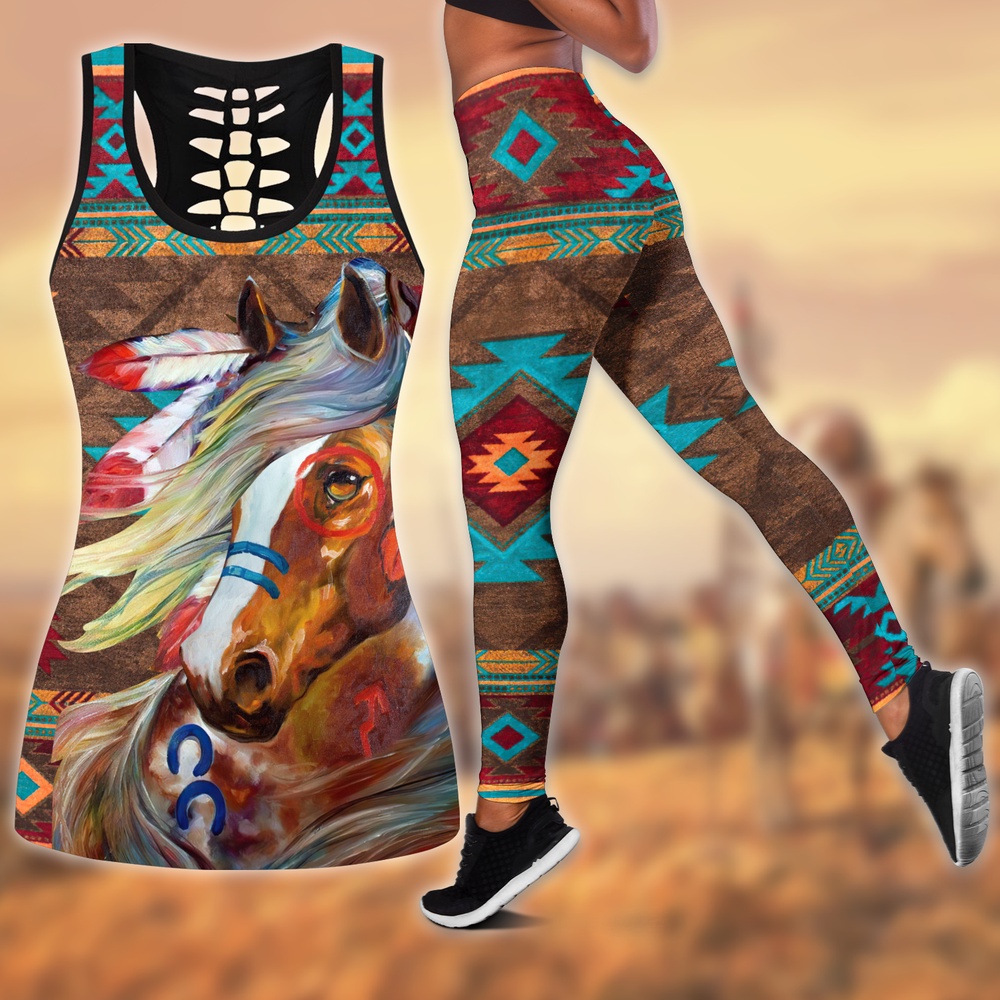Native American Leggings, Brown Motifs Native American Hollow Tanktop Leggings Set, Native American Tank Tops
