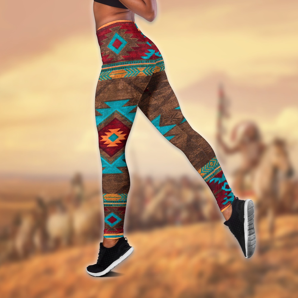 Native American Leggings, Brown Motifs Native American Hollow Tanktop Leggings Set, Native American Tank Tops