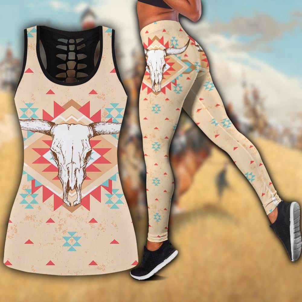 Native American Leggings, Buffalo Skull Native American All Over Printed Legging Hollow Tank Top, Native American Tank Tops