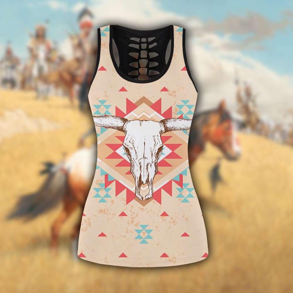 Native American Leggings, Buffalo Skull Native American All Over Printed Legging Hollow Tank Top, Native American Tank Tops