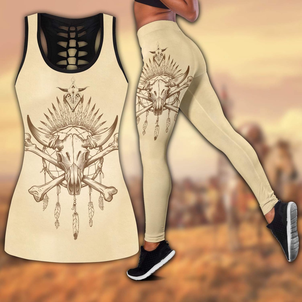 Native American Leggings, Buffalo Skull Native American Hollow Tanktop Leggings Set, Native American Tank Tops