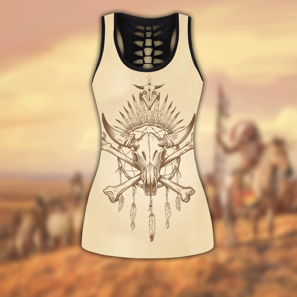 Native American Leggings, Buffalo Skull Native American Hollow Tanktop Leggings Set, Native American Tank Tops