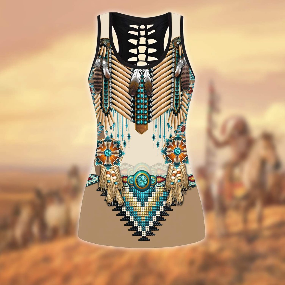 Native American Leggings, Casual Loose Native American Hollow Tanktop Leggings Set, Native American Tank Tops