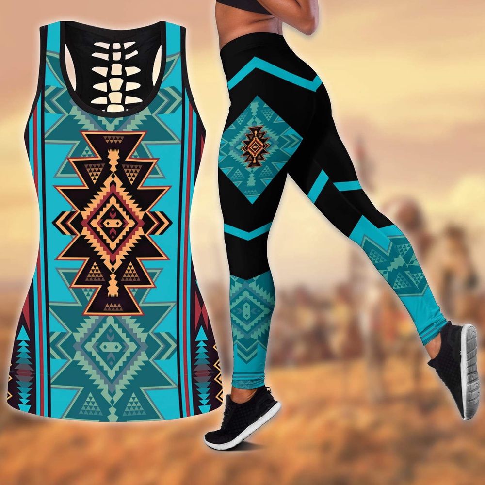 Native American Leggings, Crew Neck Racerback Native American Hollow Tanktop Leggings Set, Native American Tank Tops