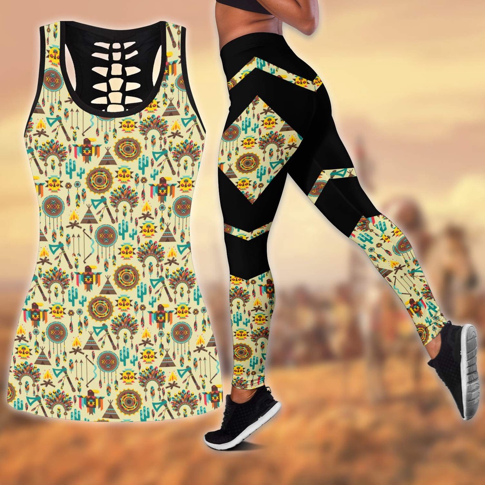 Native American Leggings, Cultural Traditions Native American Hollow Tanktop Leggings Set, Native American Tank Tops