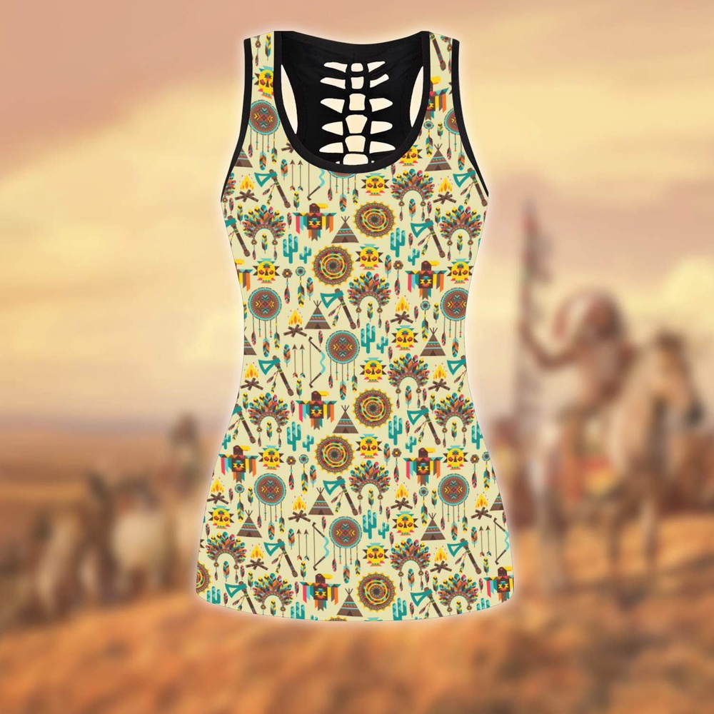 Native American Leggings, Cultural Traditions Native American Hollow Tanktop Leggings Set, Native American Tank Tops