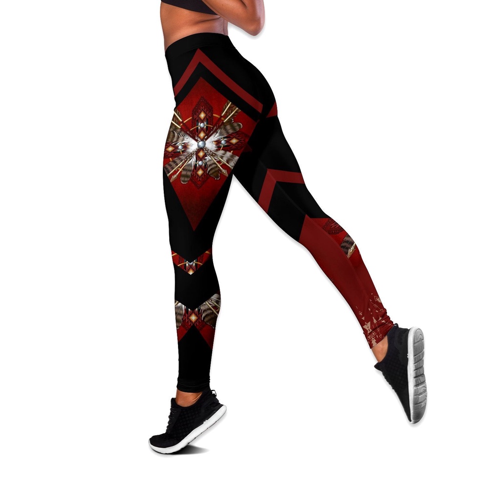 Native American Leggings, Dark Red Native American Hollow Tanktop Leggings Set, Native American Tank Tops