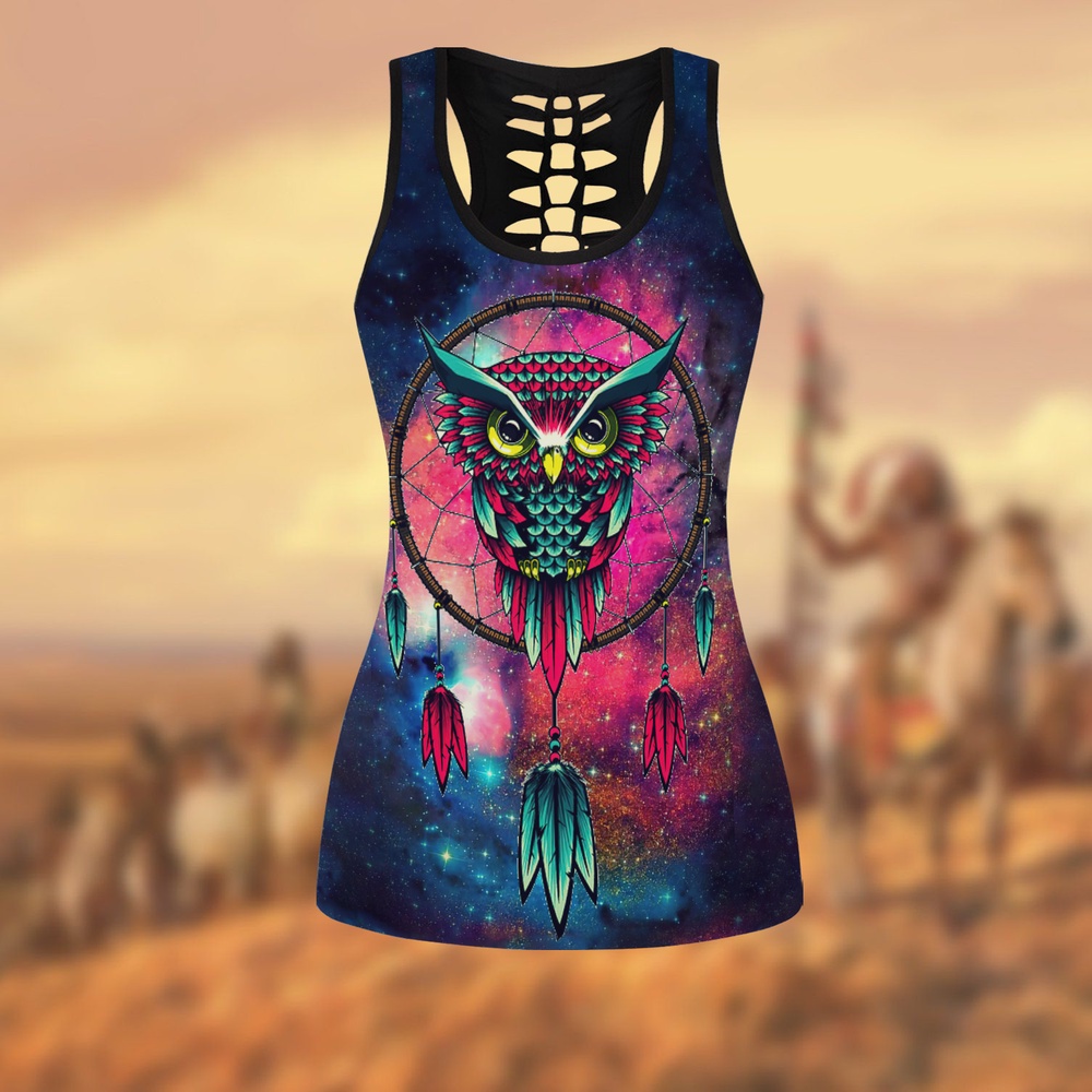 Native American Leggings, Dream Catcher Owl Native American Hollow Tanktop Leggings Set, Native American Tank Tops