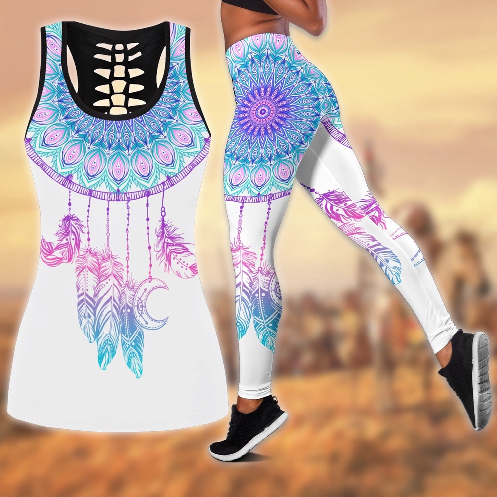 Native American Leggings, Dreamcatcher Feather Native American Hollow Tanktop Leggings Set, Native American Tank Tops