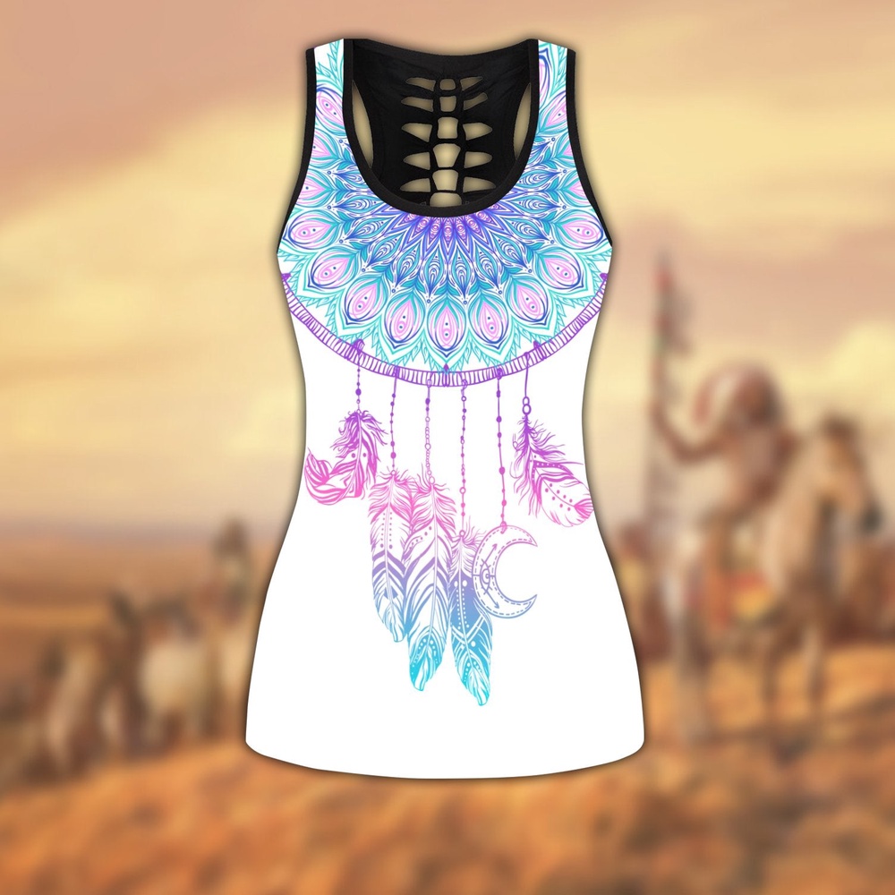Native American Leggings, Dreamcatcher Feather Native American Hollow Tanktop Leggings Set, Native American Tank Tops