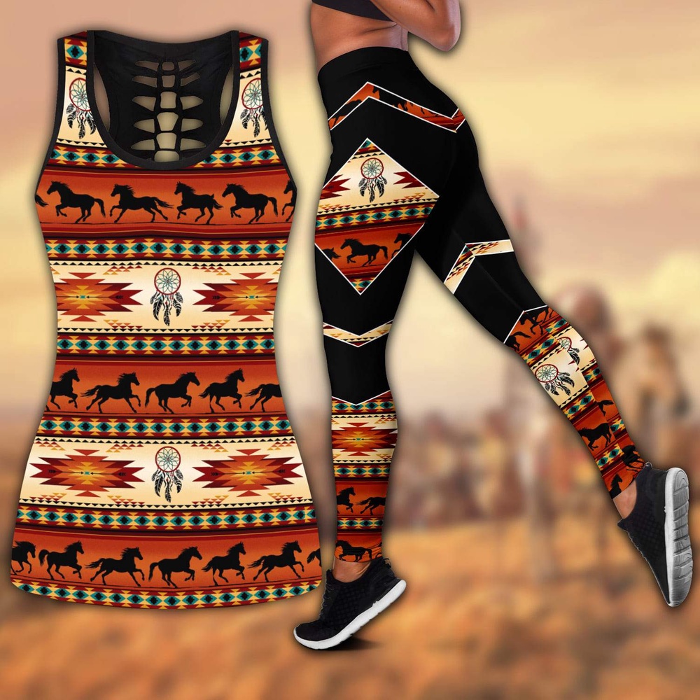 Native American Leggings, Horse Native American Hollow Tanktop Leggings Set, Native American Tank Tops
