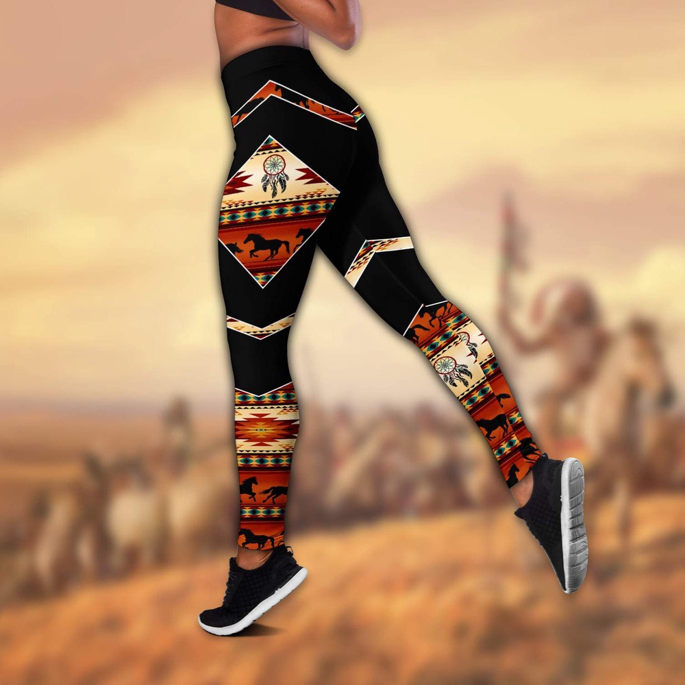 Native American Leggings, Horse Native American Hollow Tanktop Leggings Set, Native American Tank Tops