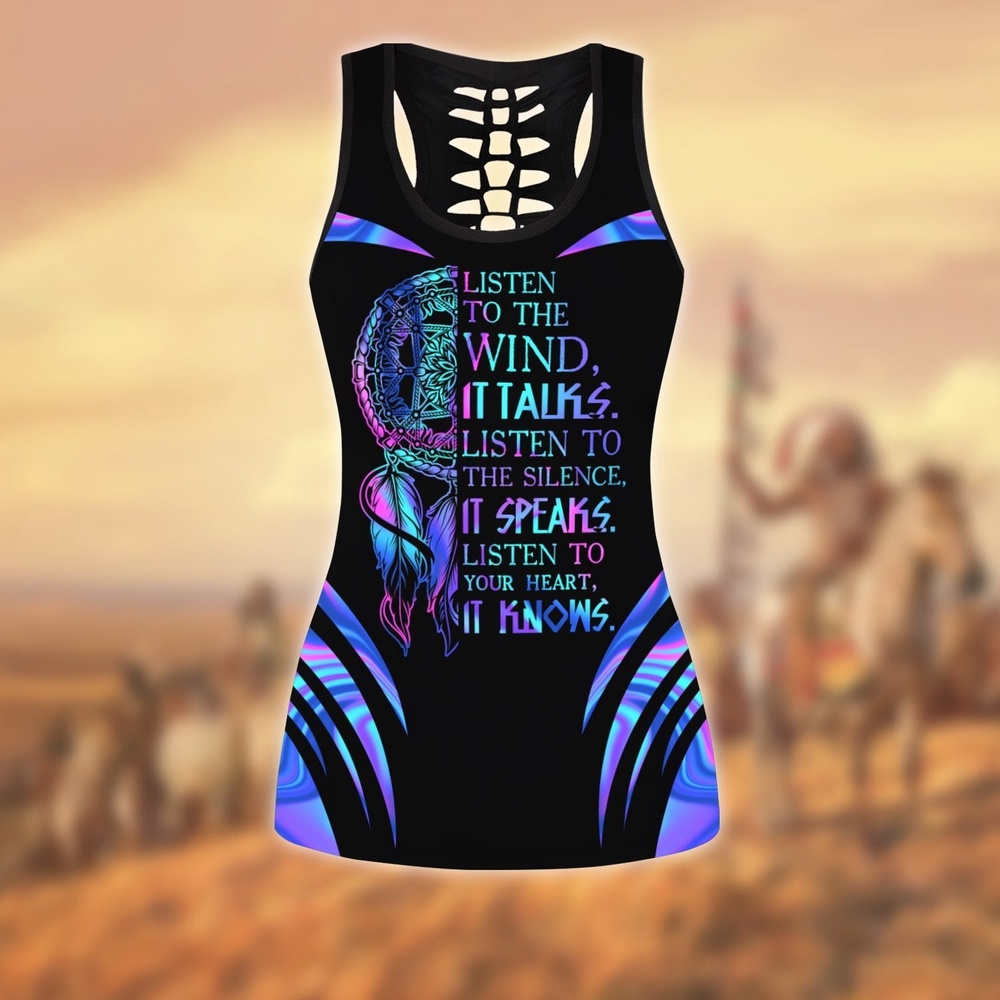 Native American Leggings, Listen To The Wind Native American Hollow Tanktop Leggings Set, Native American Tank Tops