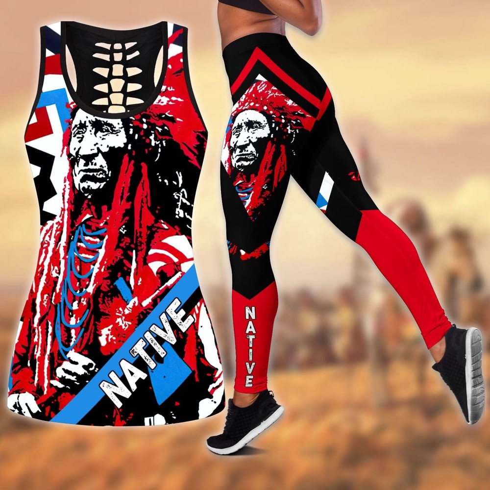Native American Leggings, Patriarch Native American Hollow Tanktop Leggings Set, Native American Tank Tops
