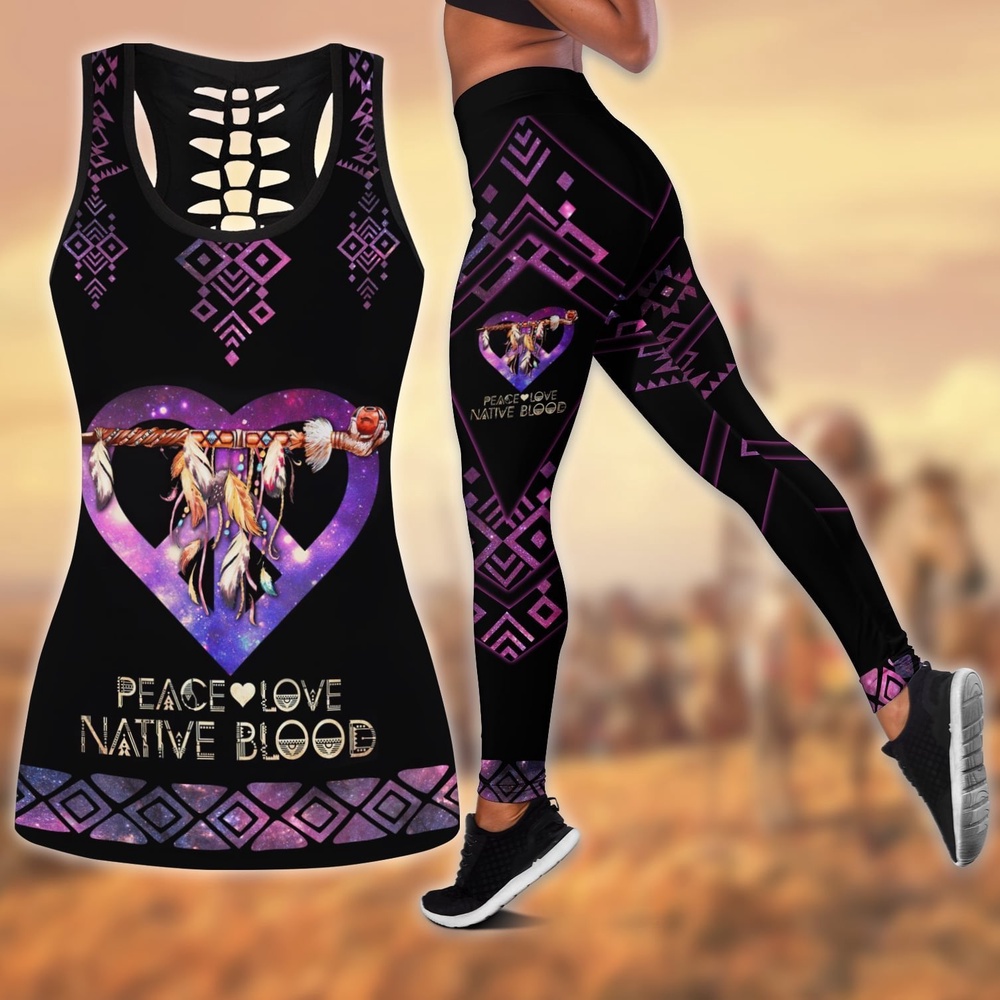 Native American Leggings, Peace Love Native Blood Native American Hollow Tanktop Leggings Set, Native American Tank Tops