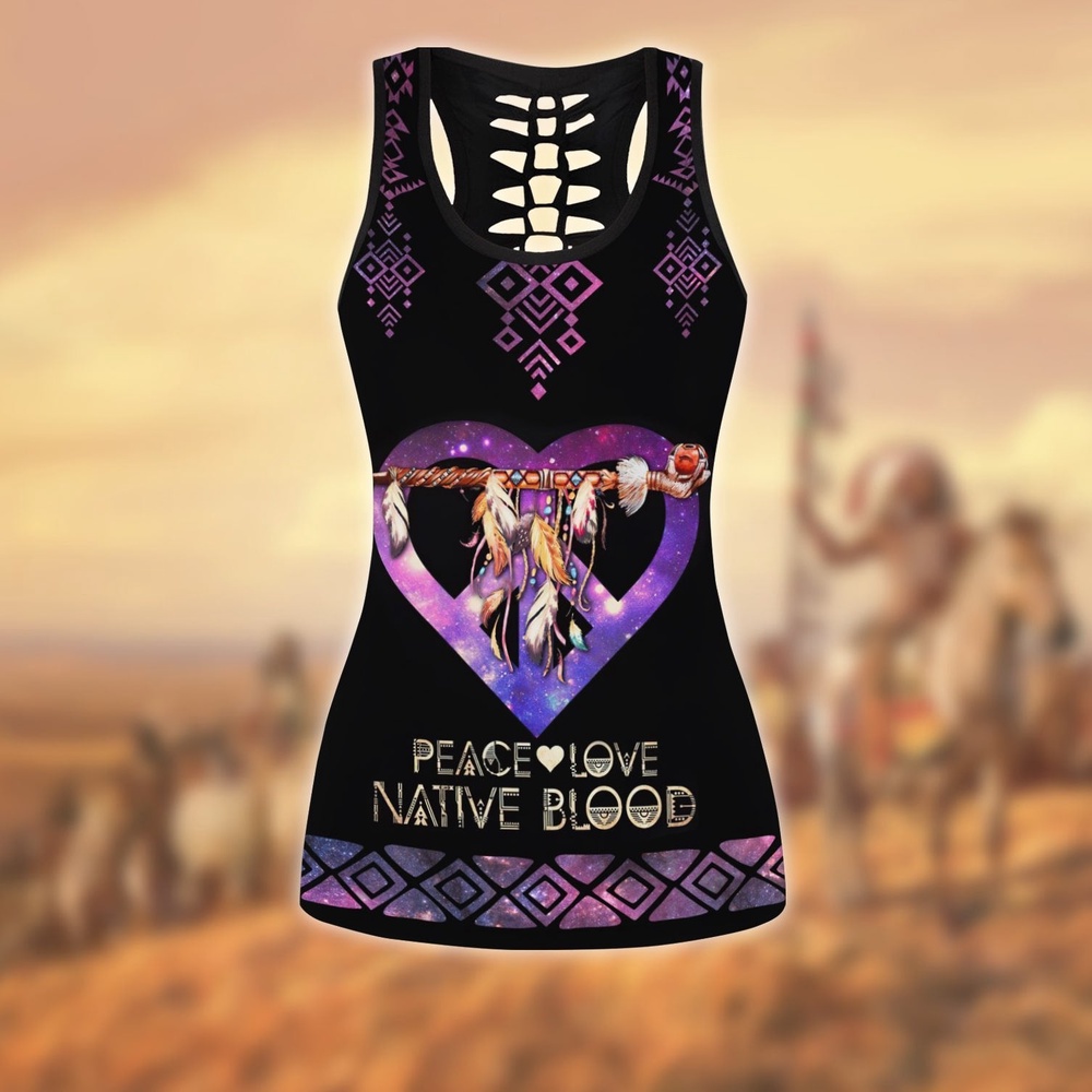 Native American Leggings, Peace Love Native Blood Native American Hollow Tanktop Leggings Set, Native American Tank Tops