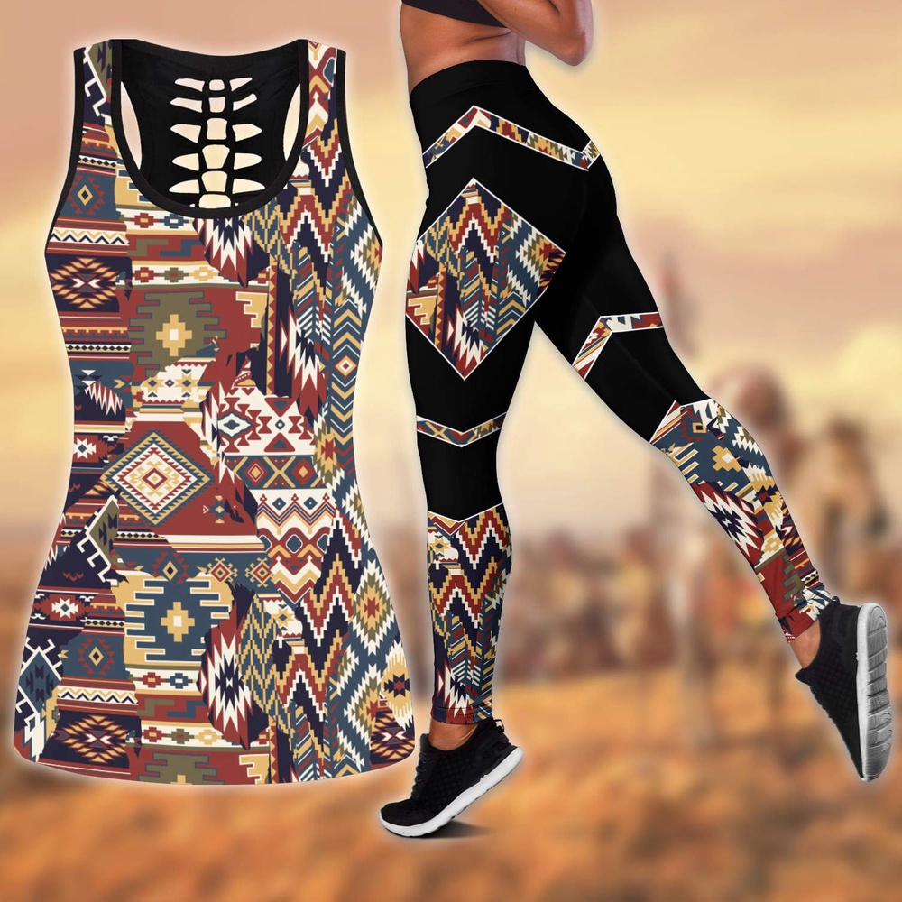 Native American Leggings, Retro Native American Hollow Tanktop Leggings Set, Native American Tank Tops