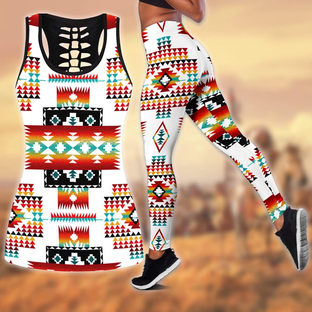 Native American Leggings, Tribal Ethnic Native American Hollow Tanktop Leggings Set, Native American Tank Tops