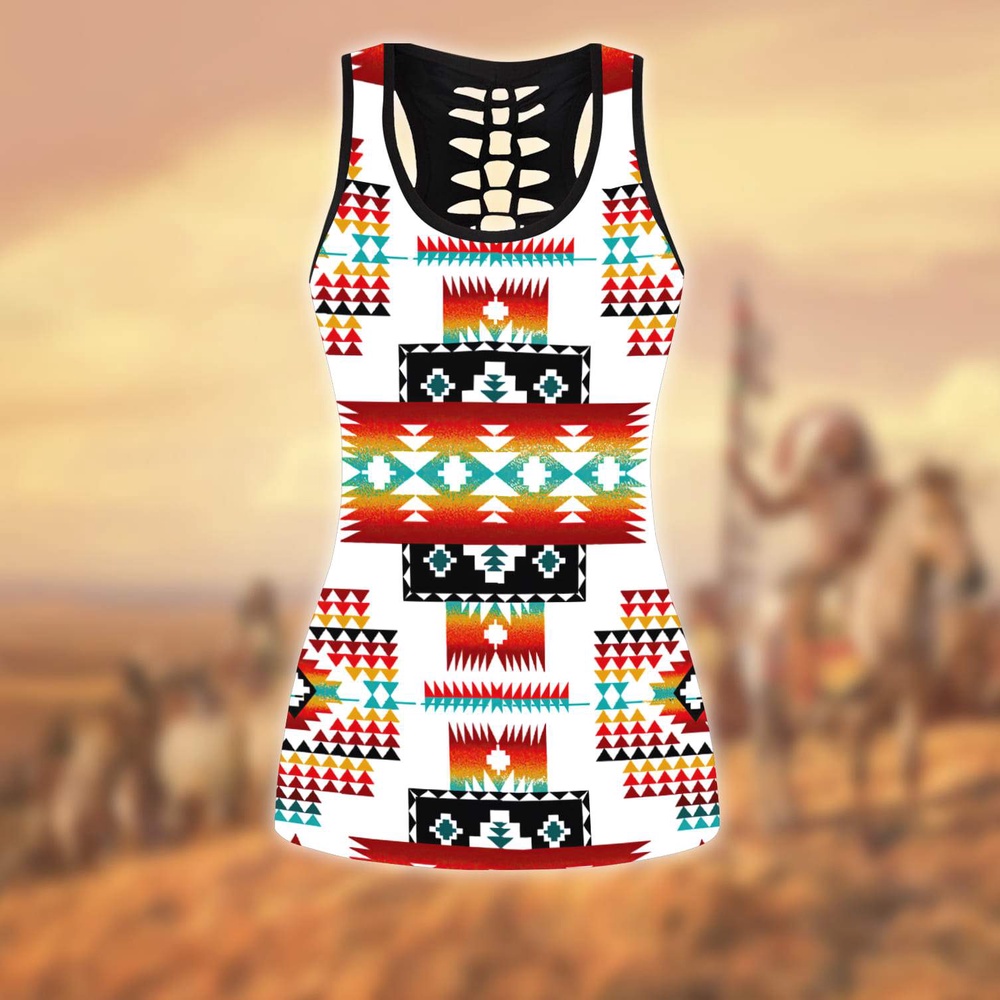 Native American Leggings, Tribal Ethnic Native American Hollow Tanktop Leggings Set, Native American Tank Tops