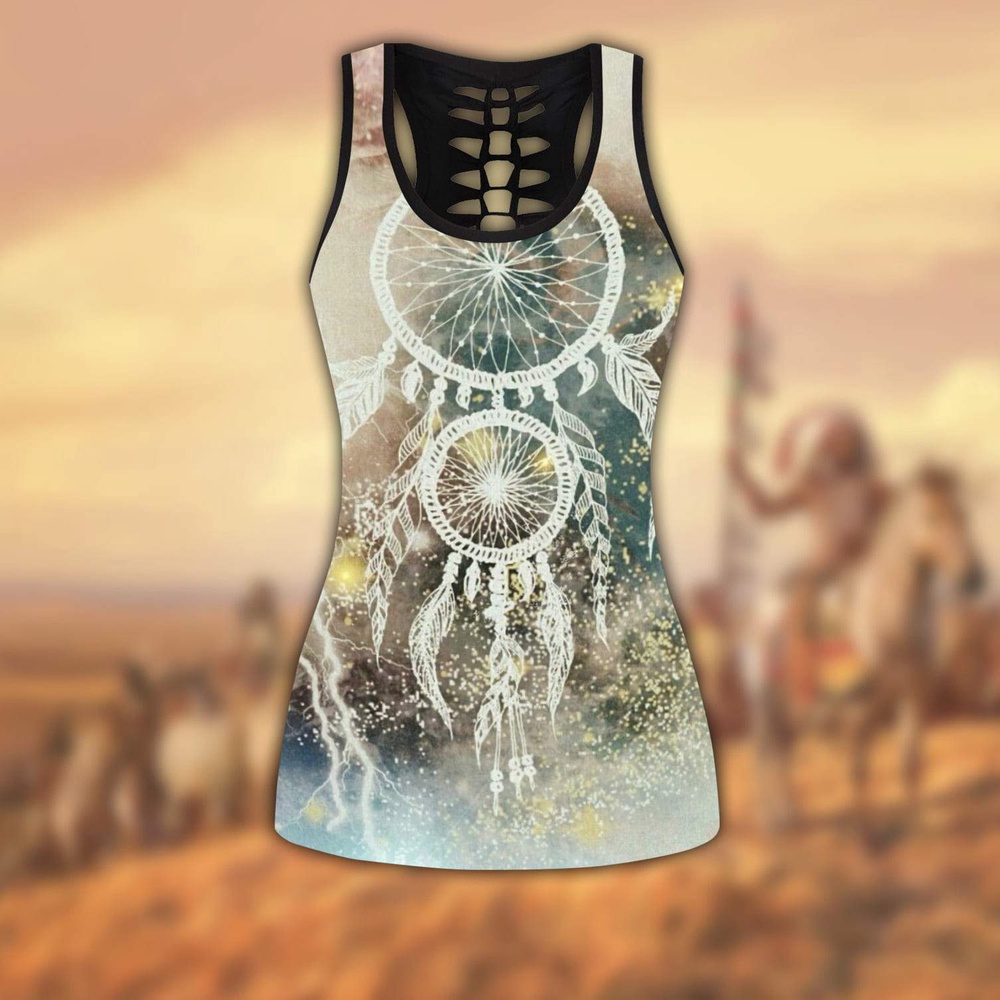 Native American Leggings, White Dreamcatcher Native American Hollow Tanktop Leggings Set, Native American Tank Tops