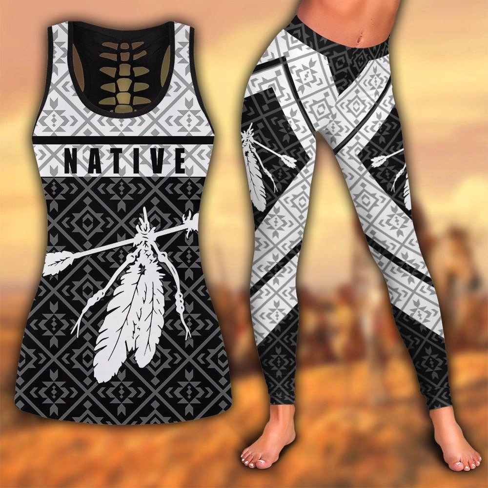 Native American Leggings, White Feathers Native American Hollow Tanktop Leggings Set, Native American Tank Tops