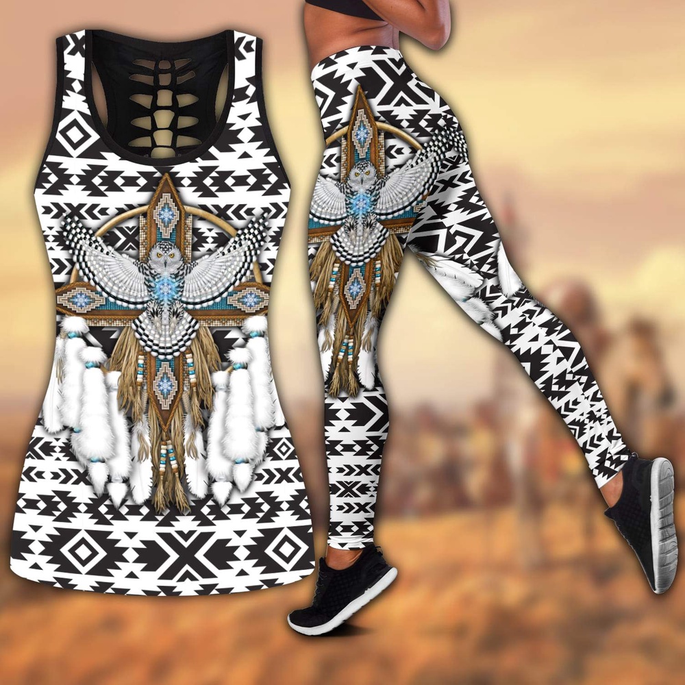 Native American Leggings, White Owl Native American All Over Printed Legging Hollow Tank Top, Native American Tank Tops