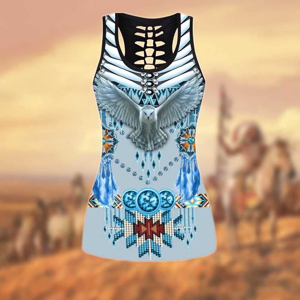 Native American Leggings, White Owl Native American Hollow Tanktop Leggings Set, Native American Tank Tops