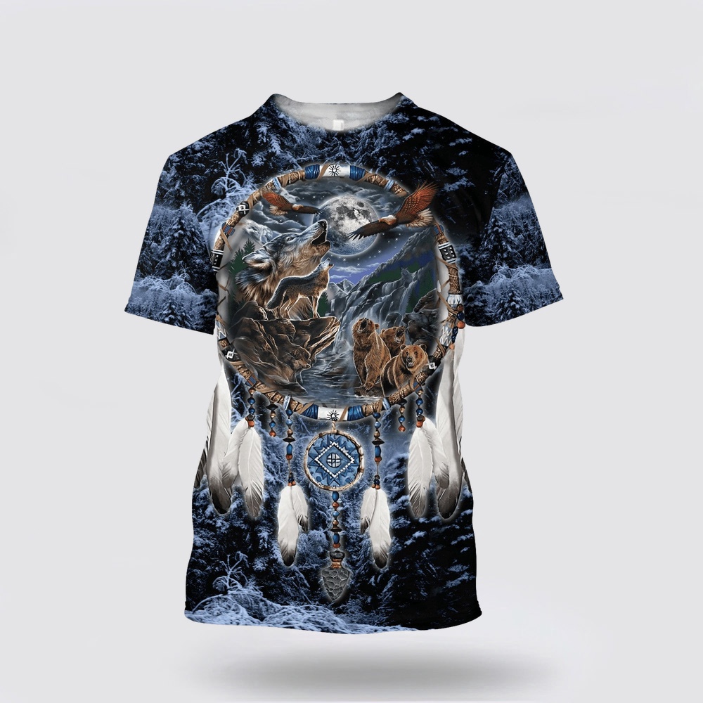 Native American T Shirt, Animals Under The Moon Native American 3D All Over Printed T-Shirt, Beautiful Native American T Shirts