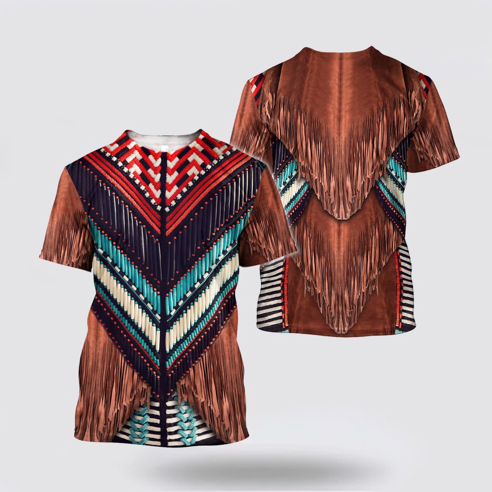 Native American T Shirt, Brown White Blue Native American 3D All Over Printed T-Shirt, Beautiful Native American T Shirts