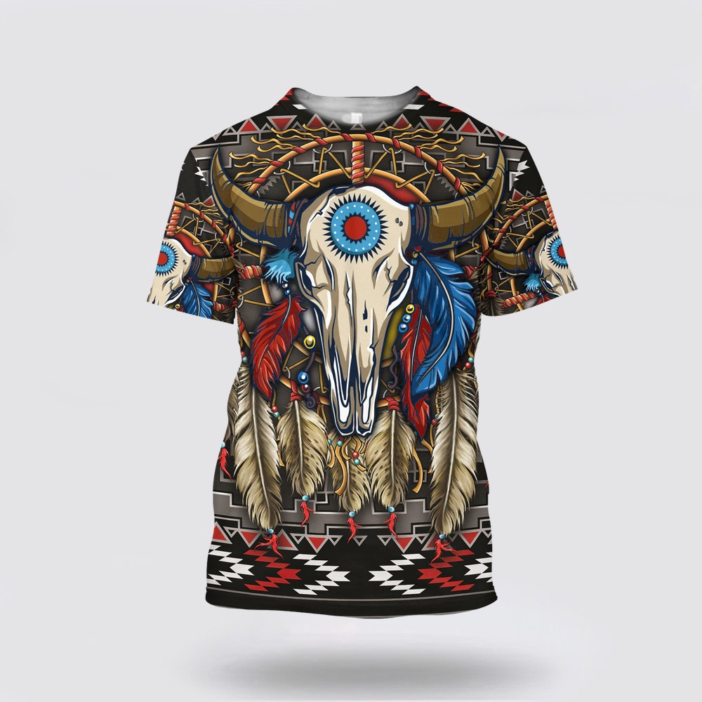 Native American T Shirt, Buffalo Skull Native American 3D All Over Printed T-Shirt, Beautiful Native American T Shirts