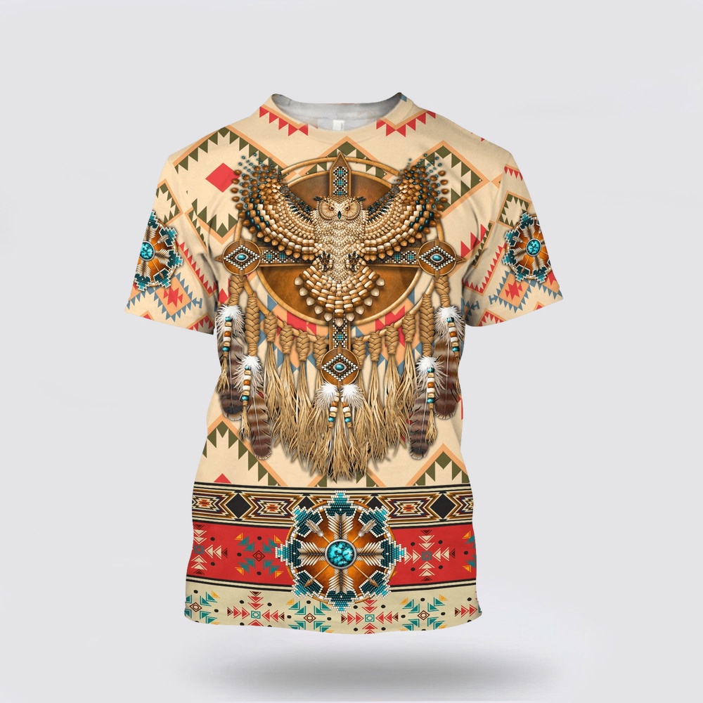 Native American T Shirt, Owl Patterns Native American 3D All Over Printed T-Shirt, Beautiful Native American T Shirts