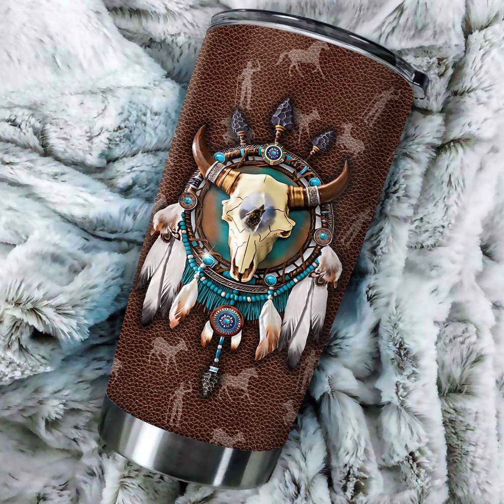 Native American Tumbler, Custom Name Cow Skull Dream Native American Steel Tumbler, American Tumbler, Native Tumbler