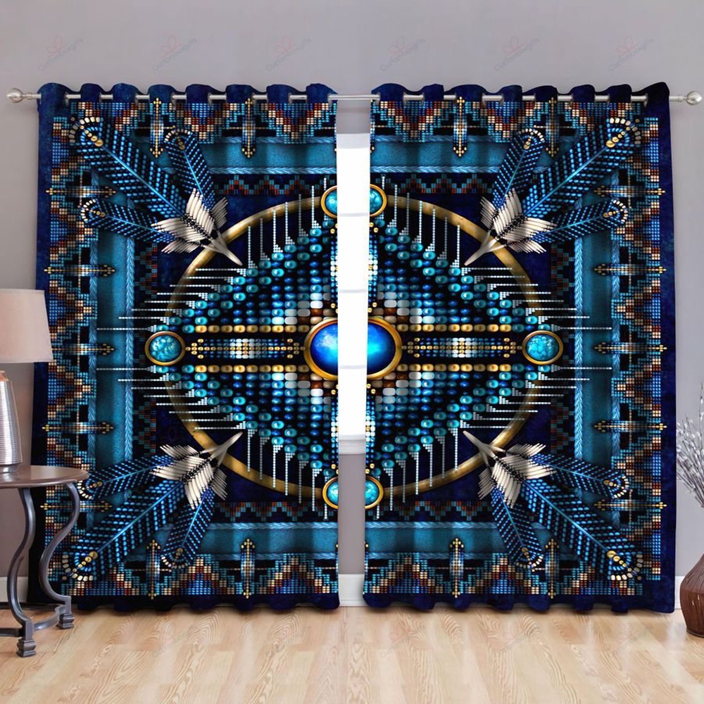 Native American Window Curtains, Beadwork Blue Native American Window Curtains, Window Curtains