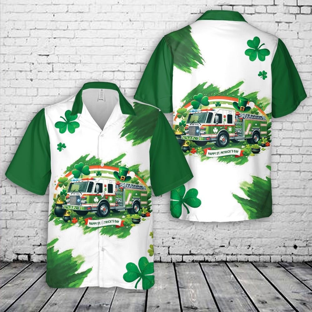 St Patricks Day Hawaiian Shirt, Fire Truck St Patrick’s Day Hawaiian Shirts