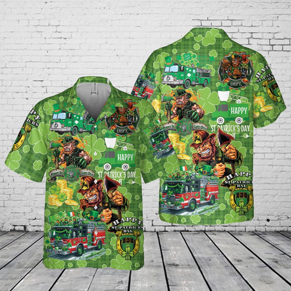 St Patricks Day Hawaiian Shirt, Fire Truck St Patrick’s Day Pocket Hawaiian Shirt