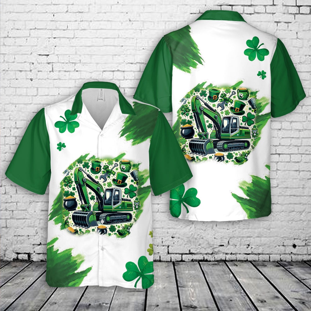 St Patricks Day Hawaiian Shirt, Green Excavator St. Patrick’s Day Hawaiian Shirt