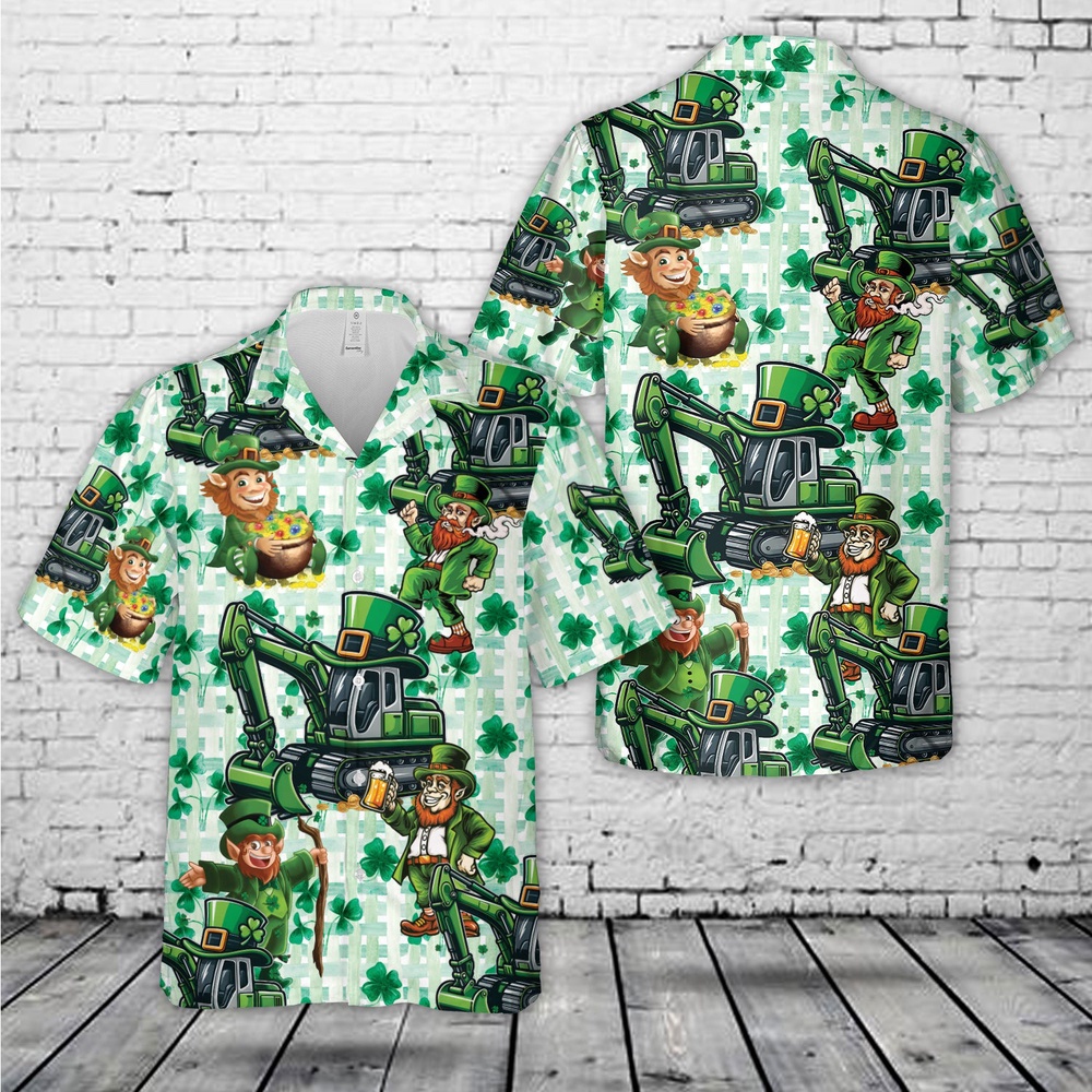 St Patricks Day Hawaiian Shirt, Green Leprechaun Excavator, St Patrick’s Day Hawaiian Shirt