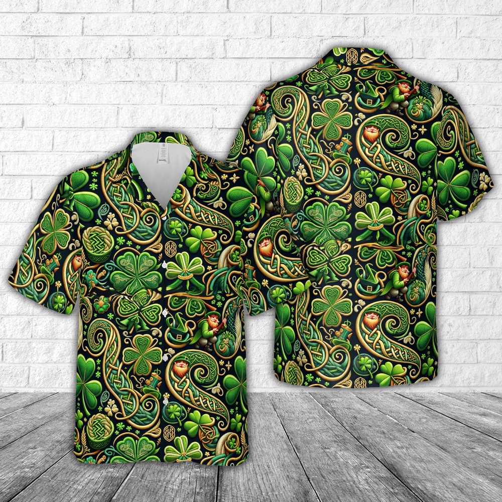 St Patricks Day Hawaiian Shirt, St Patrick’s Day Seamless Embroidery Hawaiian Shirt
