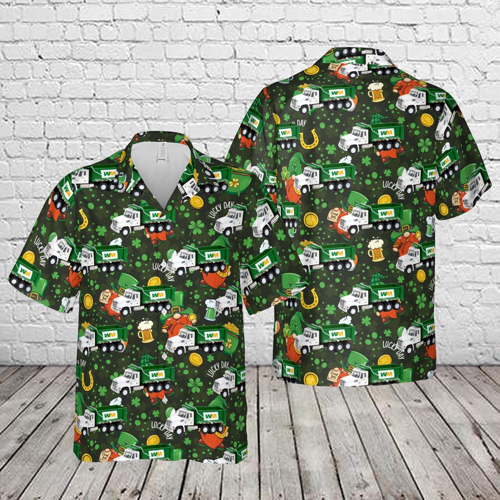 St Patricks Day Hawaiian Shirt, Waste Management Dump Truck St. Patrick’s Day Hawaiian Shirt