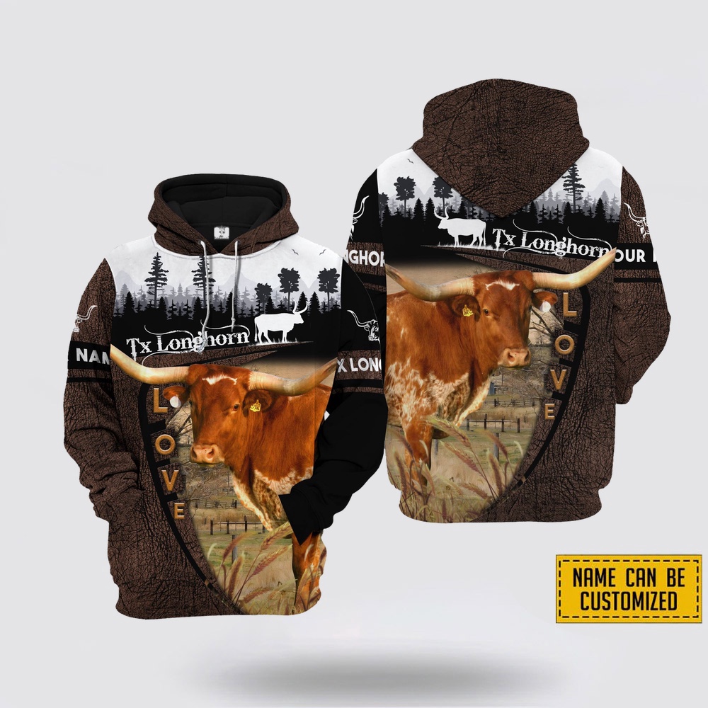 Texas Hoodie, Texas Longhorn On Farms Custom Name Printed 3D Wooden Forest Hoodie