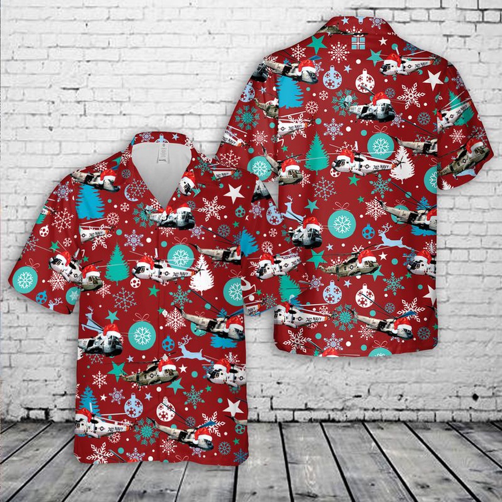 Us Navy Hawaiian Shirt, Navy Sikorsky SH-3 Sea King Christmas Hawaiian Shirt, Military Aloha Shirt