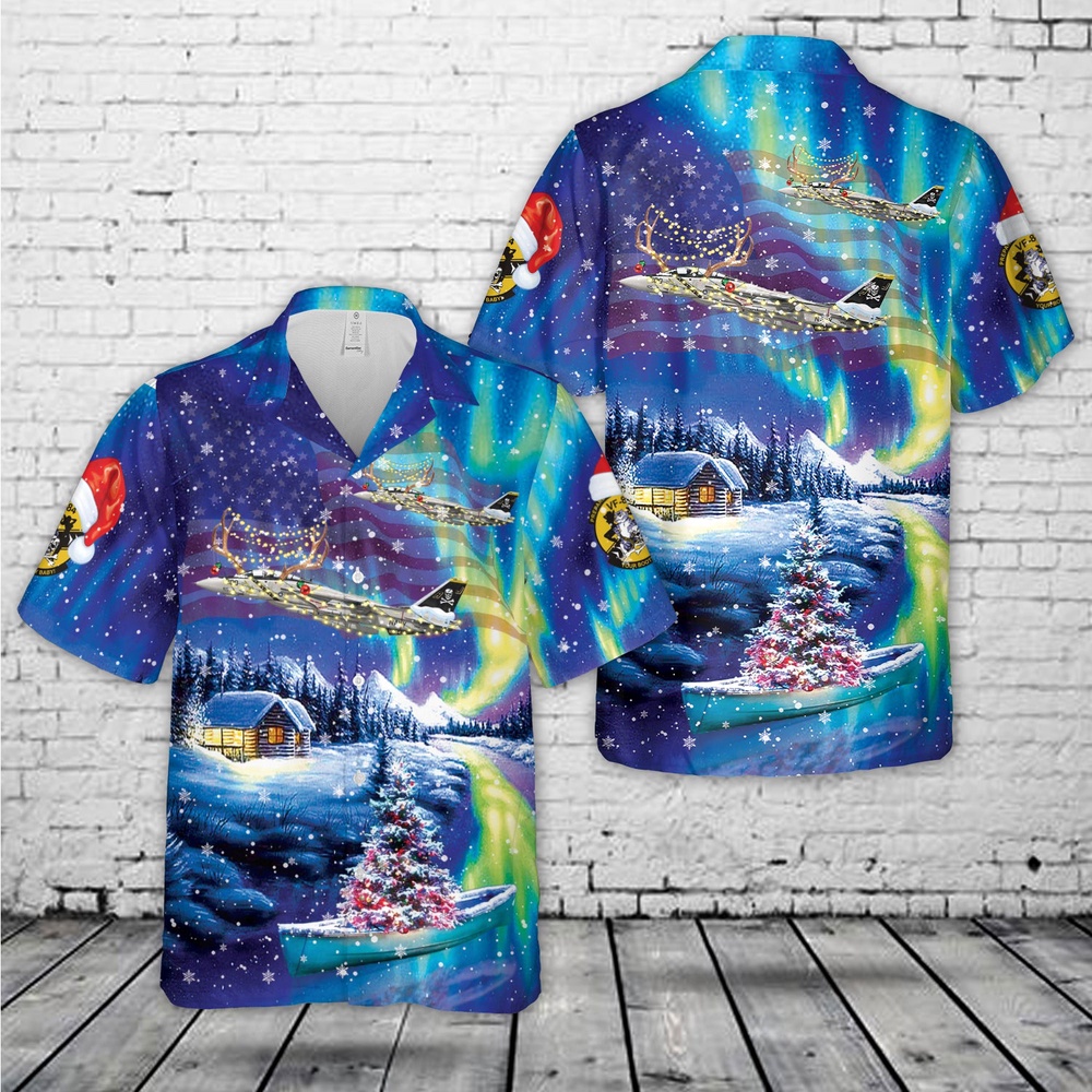 Us Navy Hawaiian Shirt, US Navy F-14A Tomcat Of VF-84 Jolly Rogers Christmas Hawaiian Shirt, Military Aloha Shirt